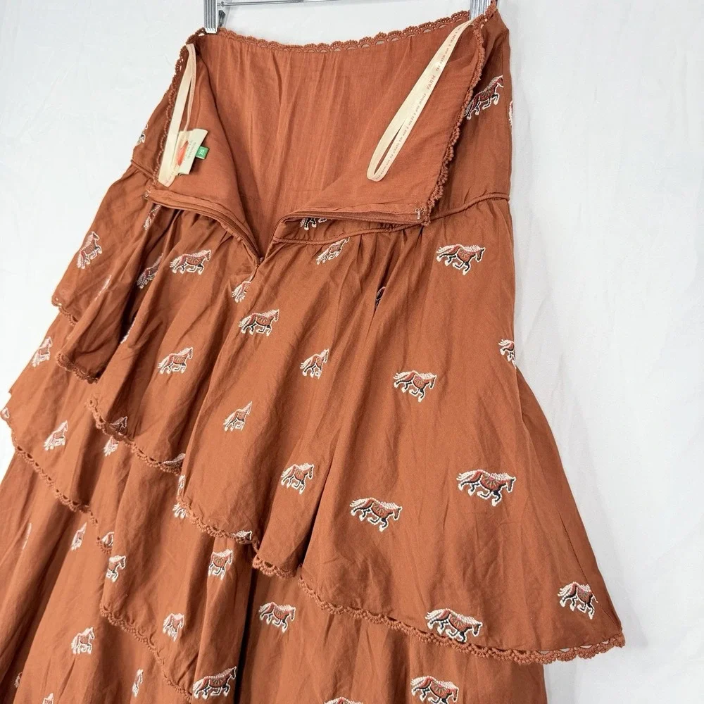 FARM Rio for Anthropologie Maxi skirt Rusty Brown Embroidered Horse Layered XS